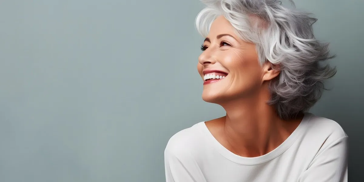 beautiful gorgeous 50s mid age beautiful elderly senior model woman with grey hair laughing and smiling mature old lady close up portrait