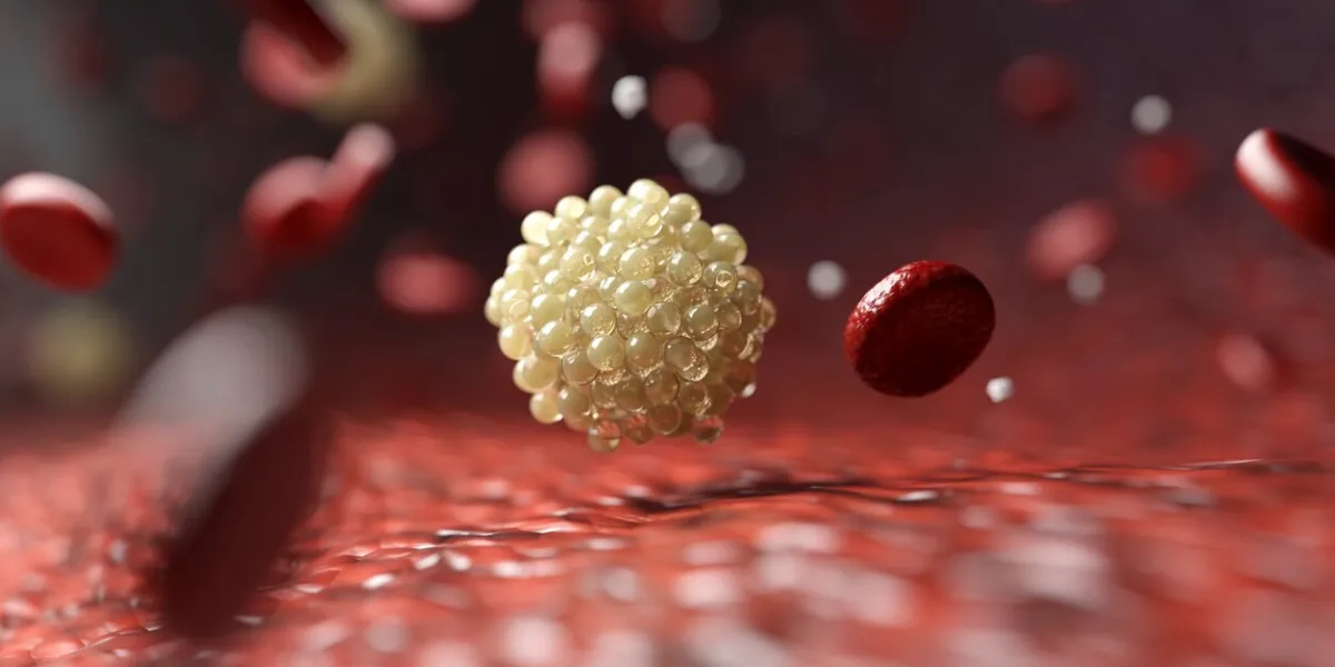 omega 3 fatty acid molecules amid flowing red blood cells in arteries for cholesterol awareness, health, and supplement concepts