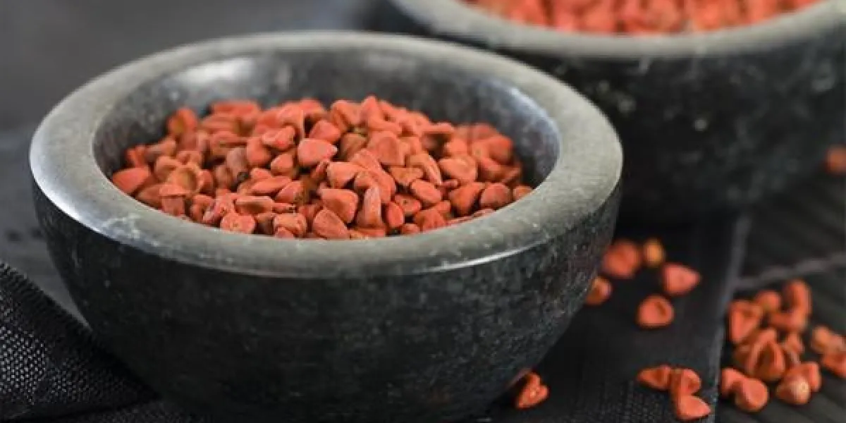 graines de rocou - graines de rocou (achiote) dans un bol noir