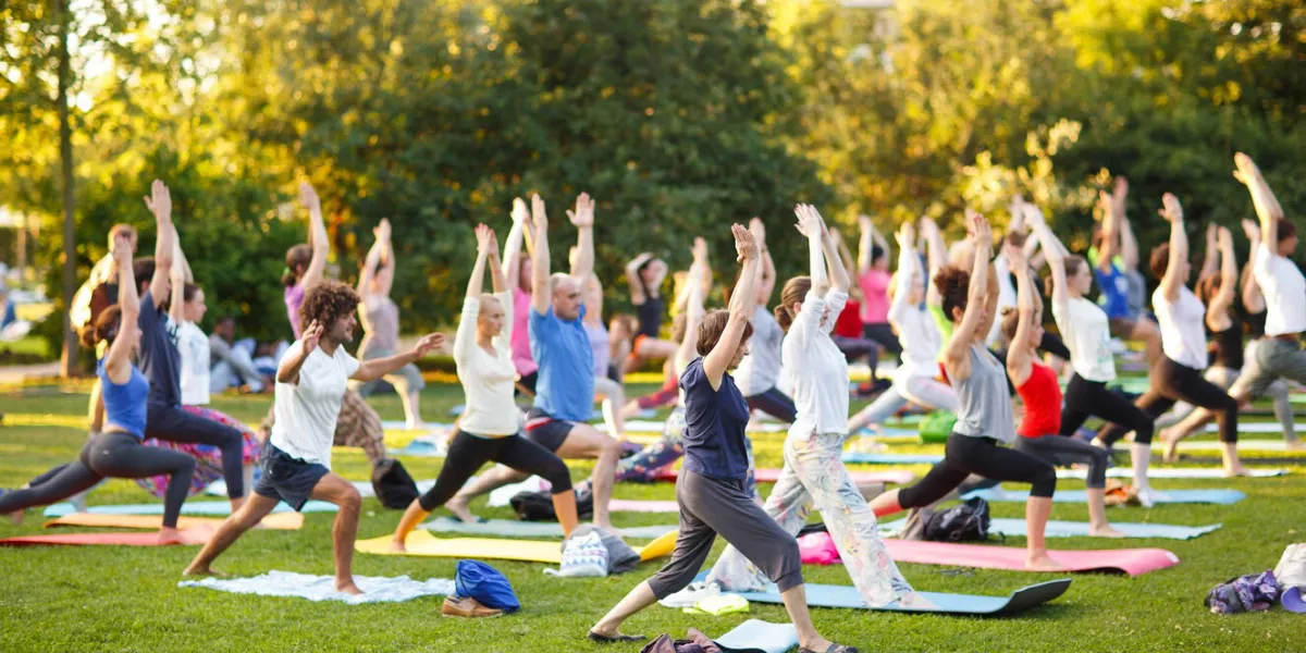 big group of adults attending a yoga class outside in park