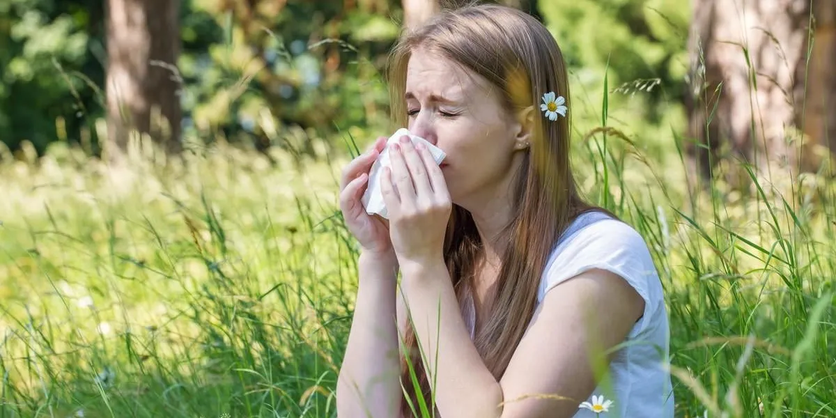 woman in the meadow sneezes, the concept of an allergy