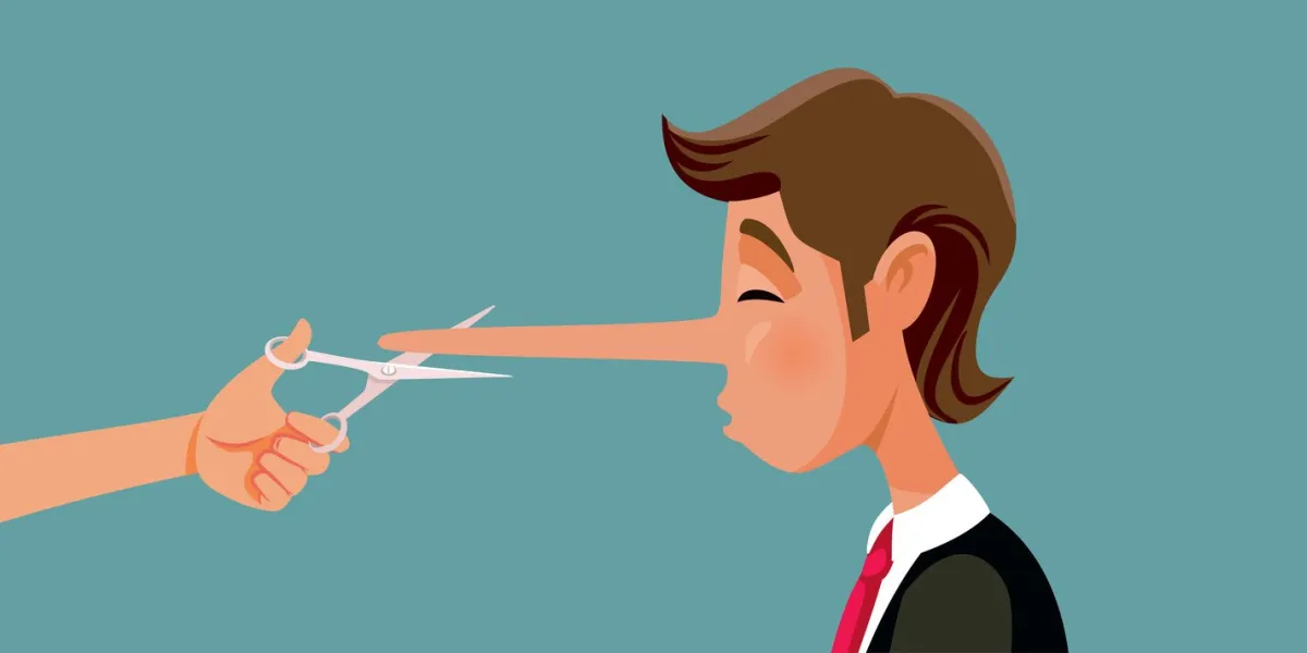 woman cutting the nose of liar unfaithful man vector cartoon illustration