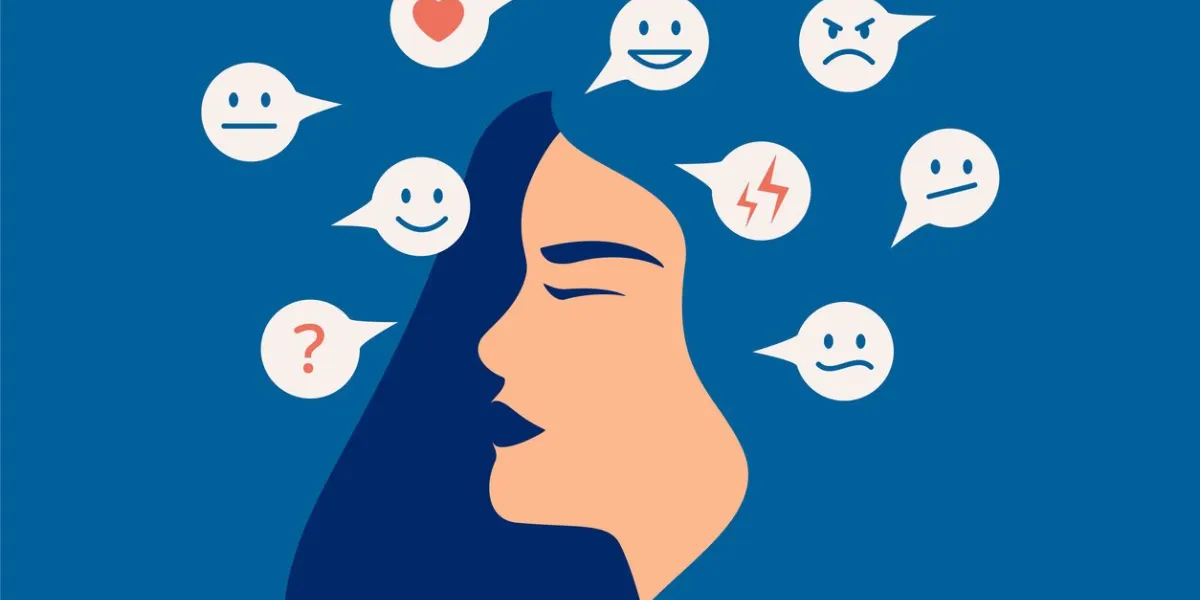 mood swing concept many emotions surround young female with bipolar disorder woman suffers from hormonal with a change in mood mental health vector illustration