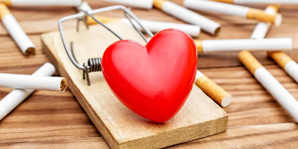 red heart in mousetrap with cigarettes on the wooden background