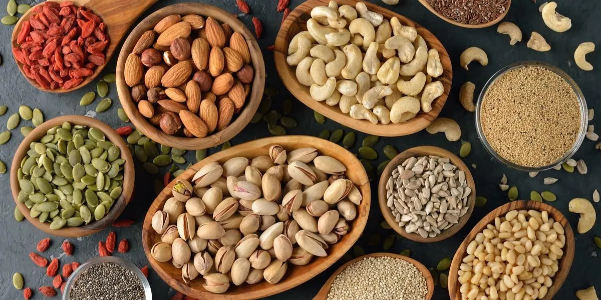 different superfoods on a gray background, healthy eating concept