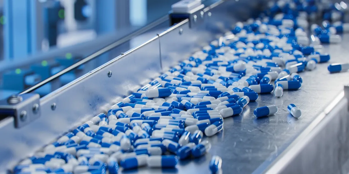 blue capsules on conveyor at modern pharmaceutical factory tablet and capsule manufacturing process close-up shot of medical drug production line