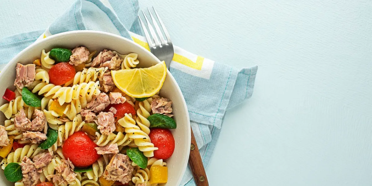 pasta salad with tuna fish and vegetables healthy pasta meal seafood