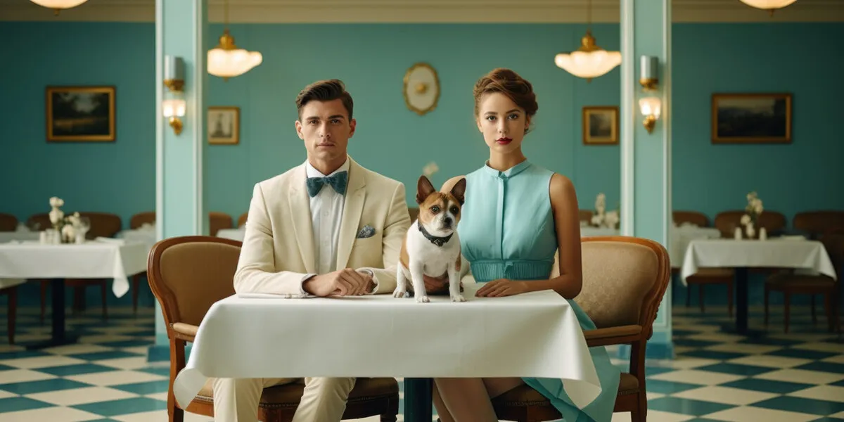 a stylish young white couple dines in a pet-friendly restaurant with their dog all share the same pose, exuding elegance and symmetry amidst an aquamarine minimalist setting generative ai