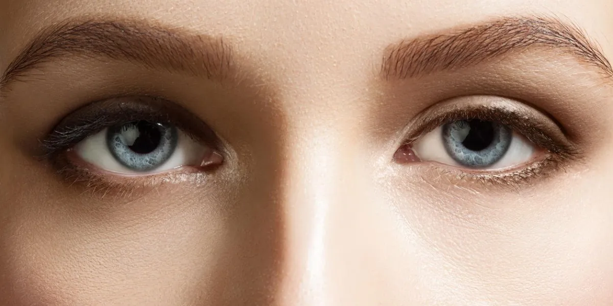 gros plan de beaux yeux bleus femme avec des sourcils bruns et des cils noirs