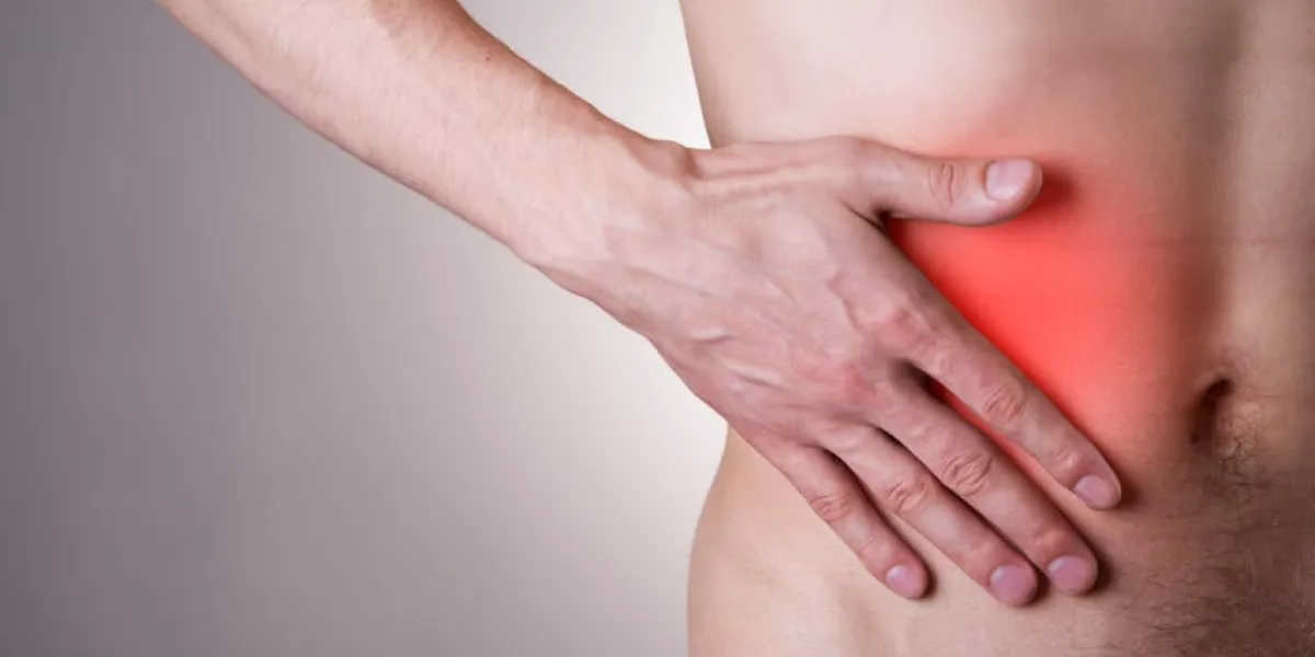 douleur dans le côté droit de l'homme attaque de l'appendicite red dot