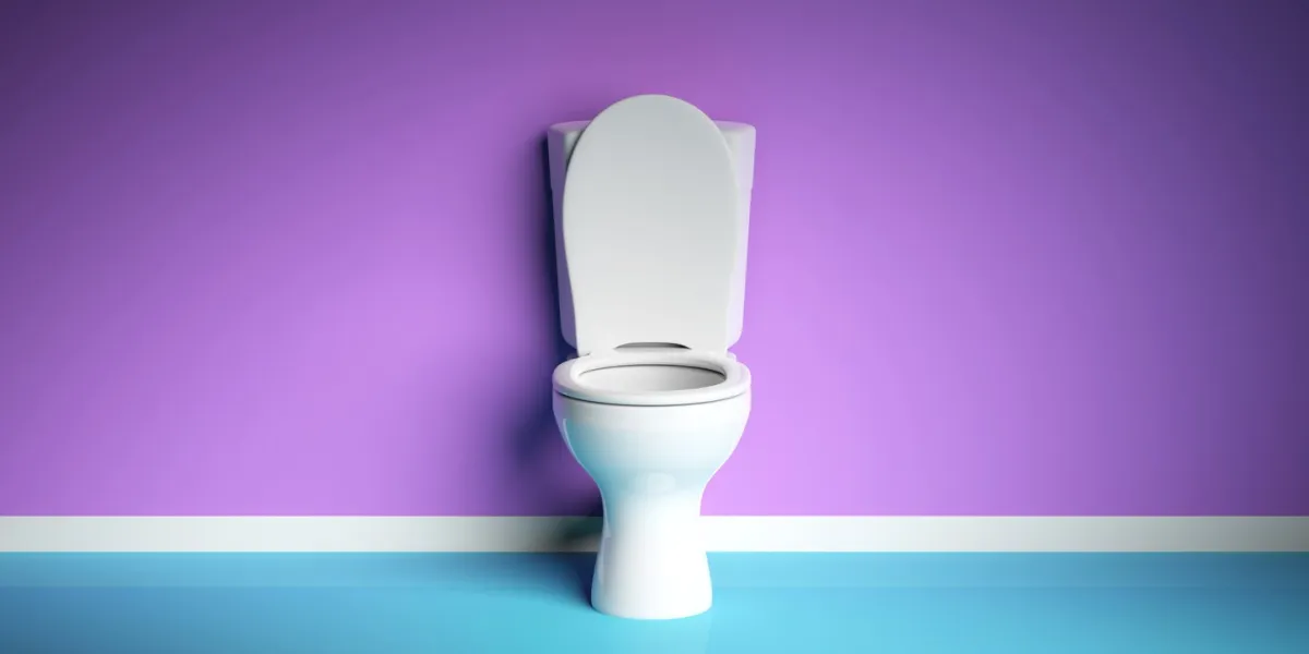 white toilet bowl on modern purple and blue background, copy space 3d illustration