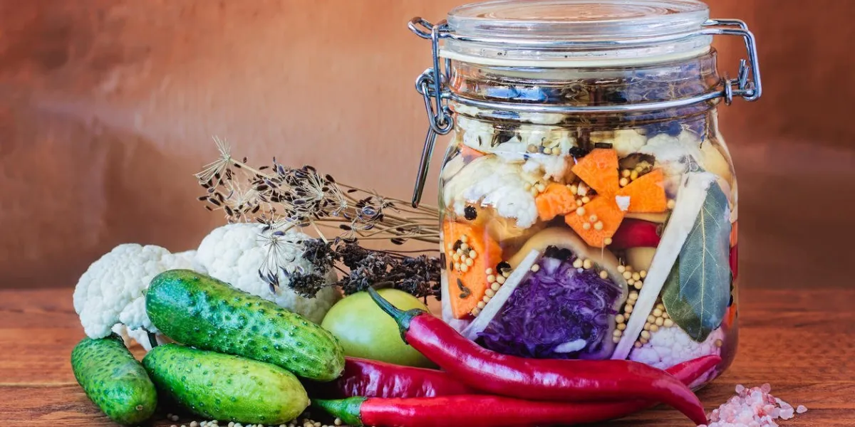 jar of assorted brined lacto-fermented pickles on a wooden table surrounded by vegetables and spices