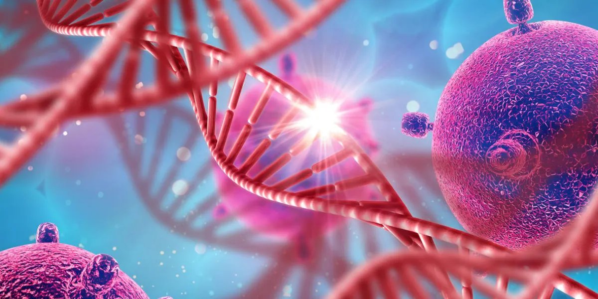 3d medical background with dna strands and virus cells