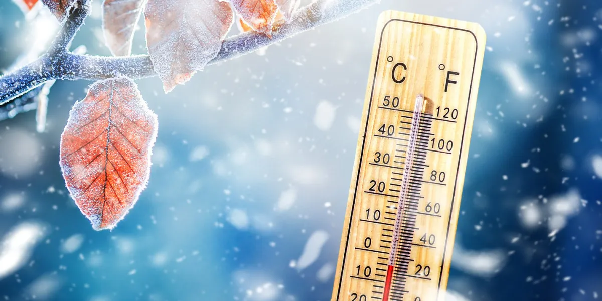 thermometer in winter on snow shows low temperature in celsius or farenheit thermometers at snowing time