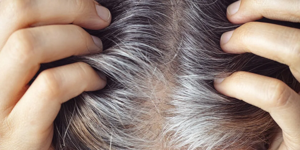 a woman showing her gray hair roots going gray concept close up