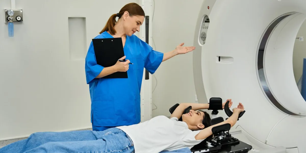 radiologist guides patient through mri procedure in modern healthcare facility