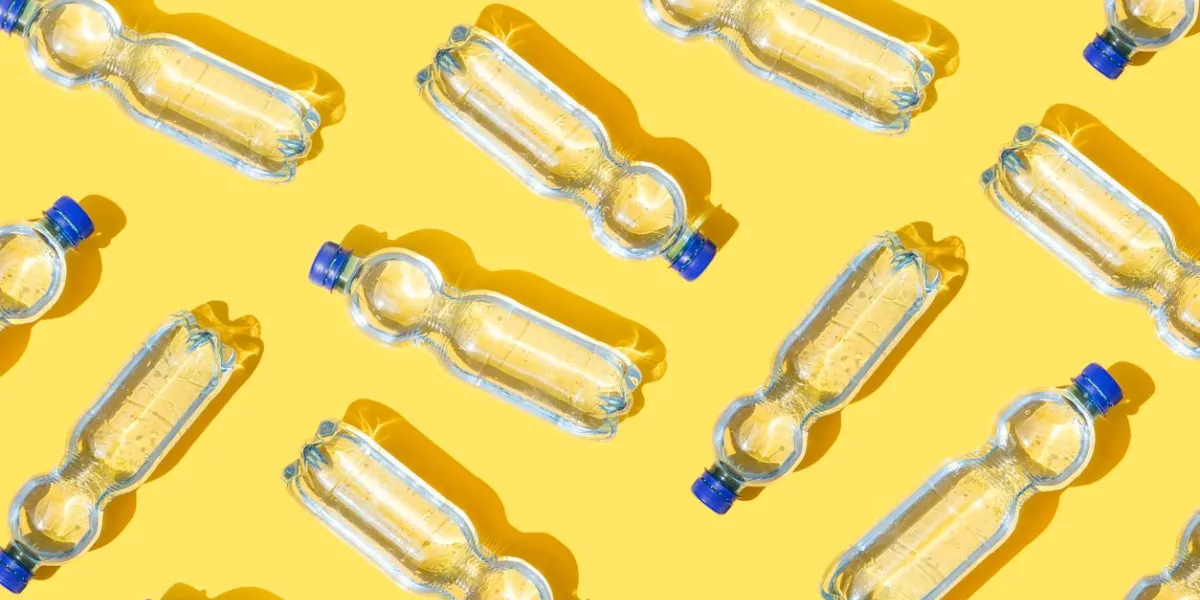 mineral water bottles pattern on yellow background