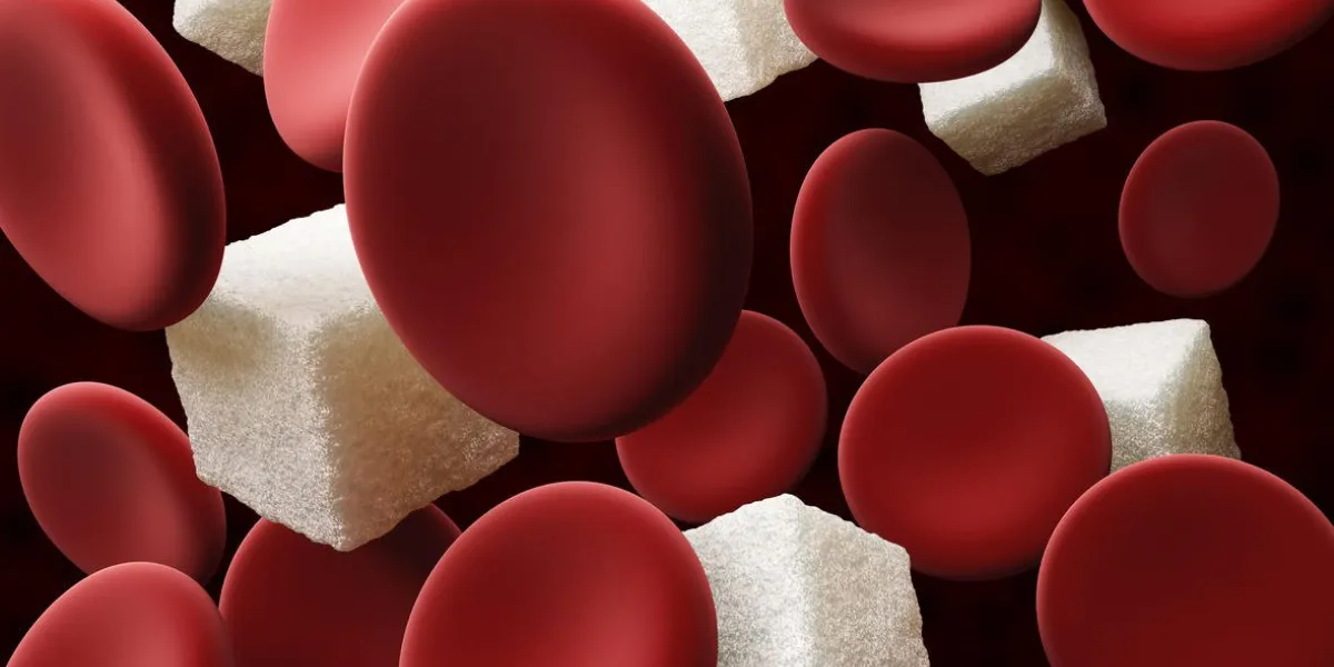 sugar in the blood blood cell with cube of sugar, 3d illustration