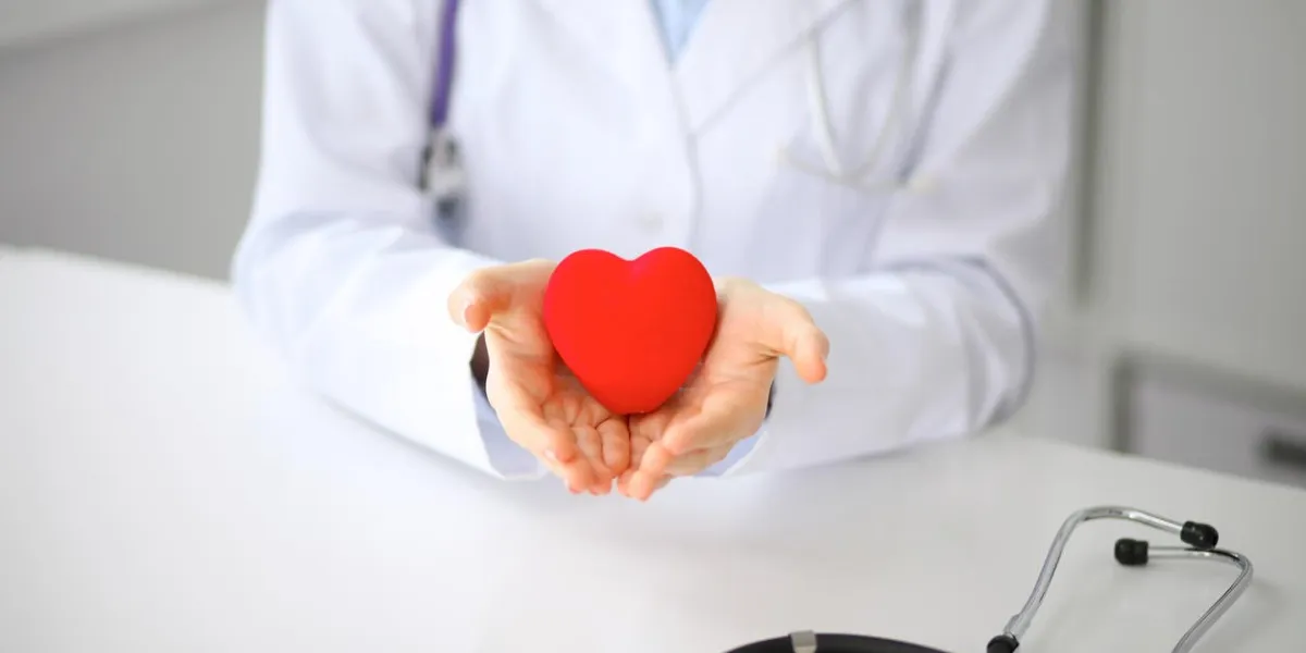 female doctor with stethoscope holding heart patients couple sitting in the background