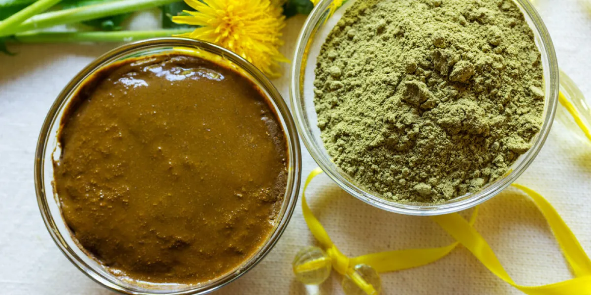 henna powder henna paste prepare the henna paste at home still life with henna and dandelions focus on the powder