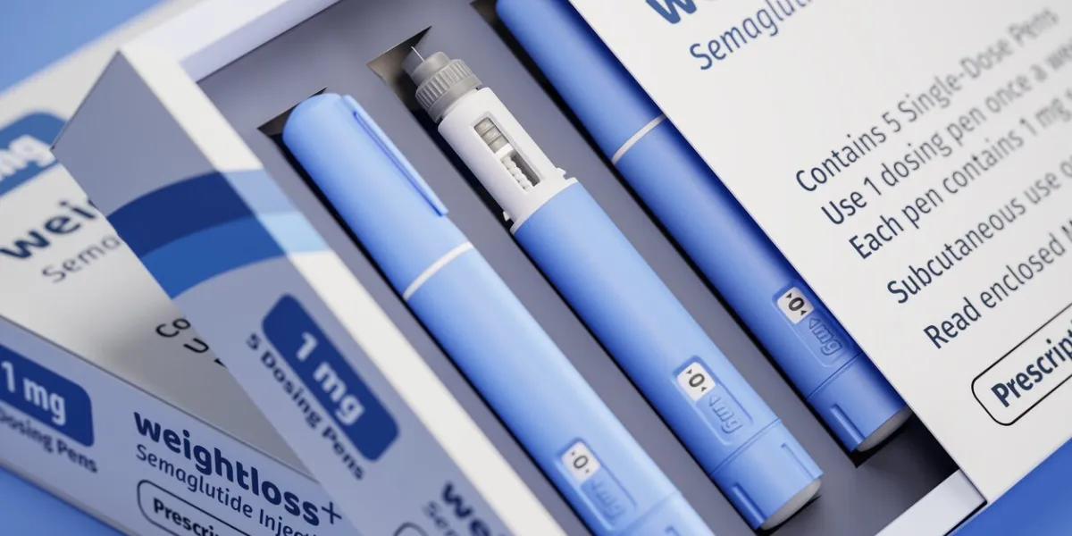 two packages of 5 dosing pens each of a fictitious semiglutin drug used for weight loss (antidiabetic medication or anti-obesity medication) on a blue transparent background fictitious package design