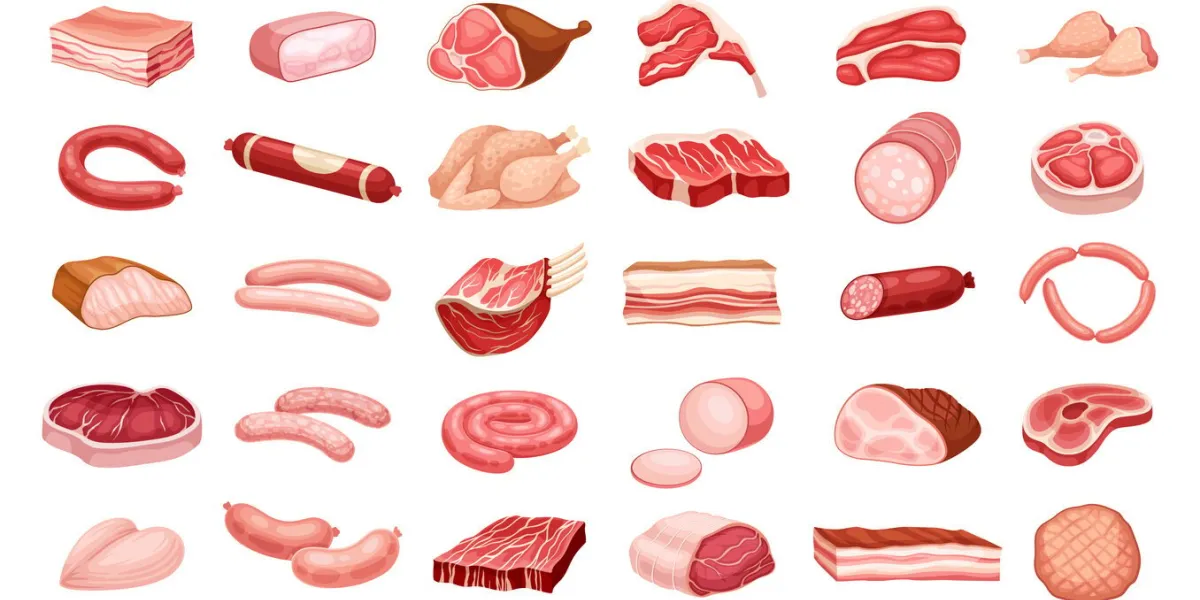 meat cuts set steak chicken, sausage and bacon fresh foods with protein chicken legs and wings ingredient for barbecue, bbq cartoon flat vector illustrations isolated on white background