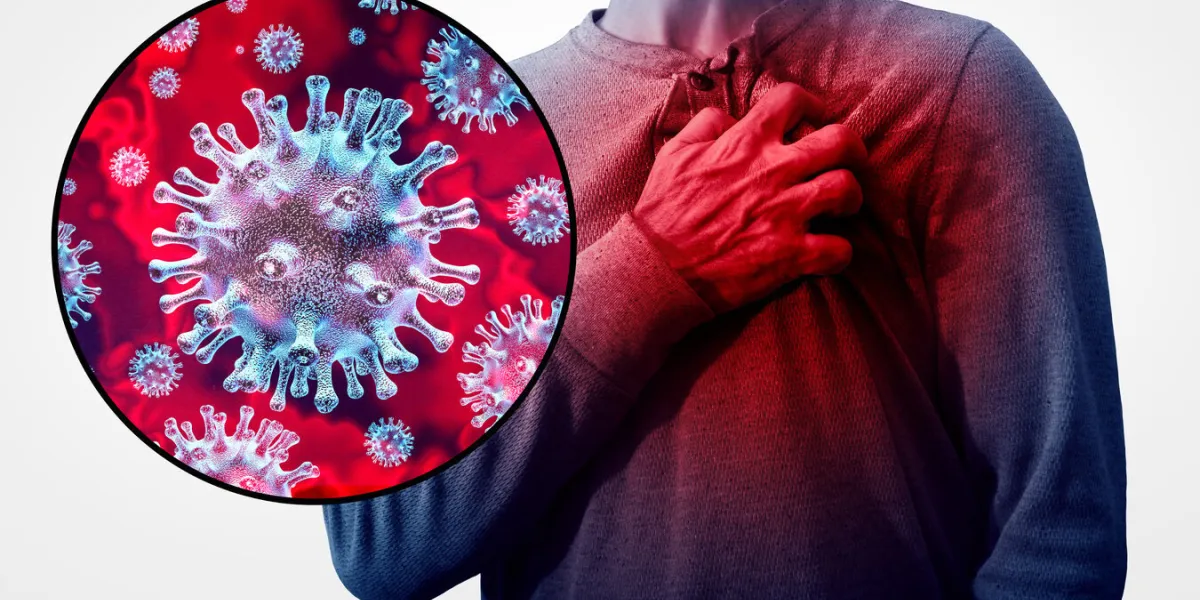 virus infection and heart attack as myocarditis inflammation as an anatomy medical disease concept with a person suffering from a cardiac illness as a painful coronary event with 3d illustration style elements