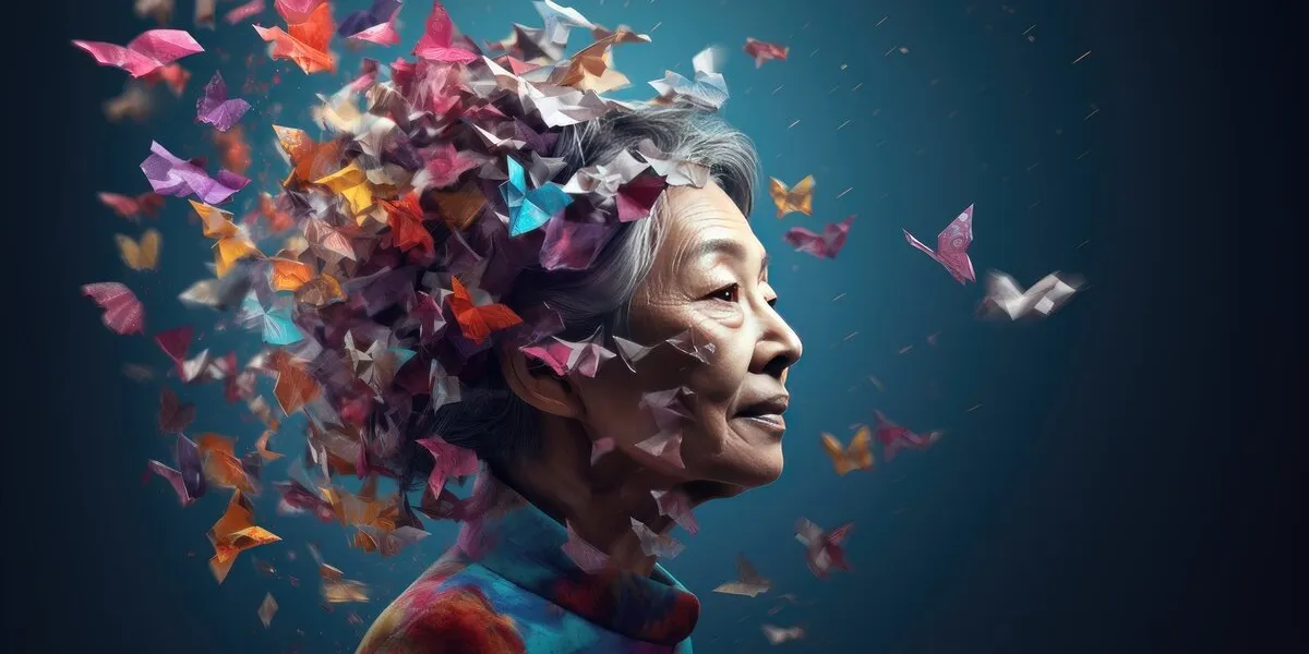 asian woman patient with alzheimers disease, exploding head, memory loss concept
