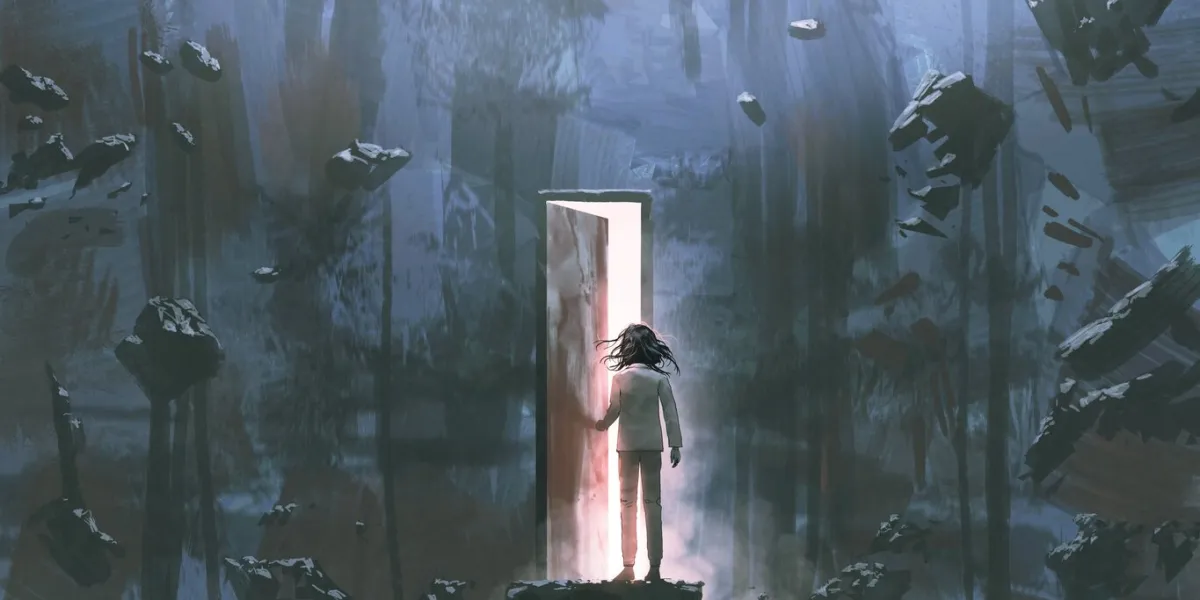 child standing in a dark place and opening a door lit from within, digital art style, illustration painting