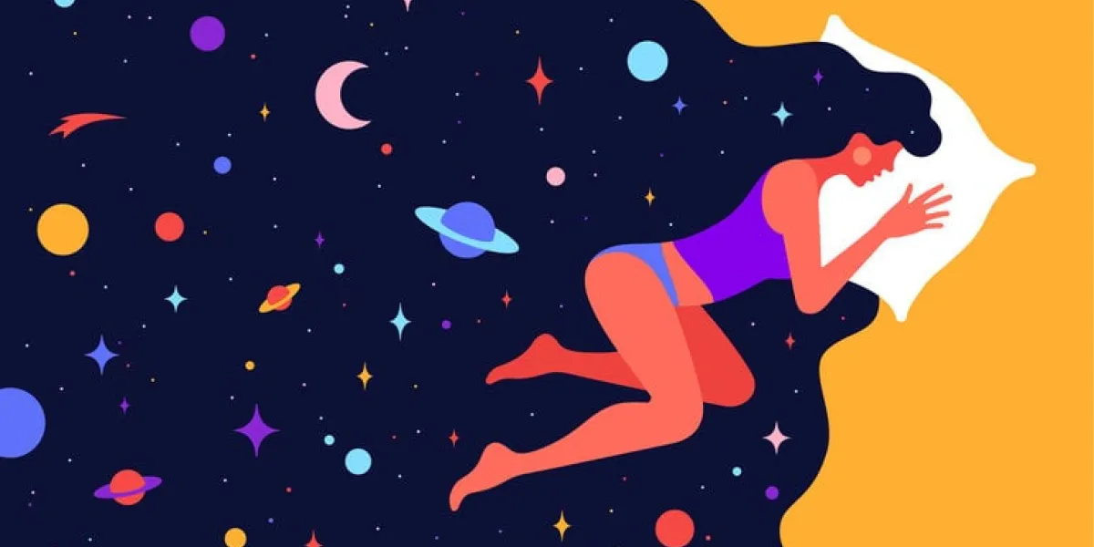 modern flat character woman with dream universe simple character of woman sleeping in bed with universe starry night in hair woman character in dream concept in flat graphic vector illustration