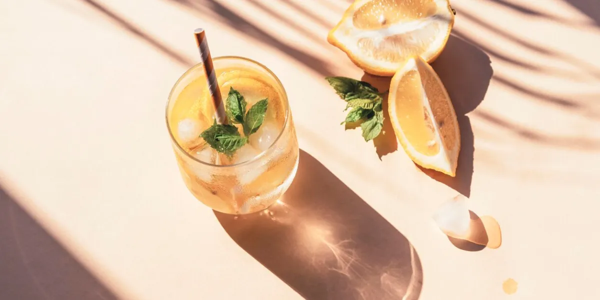 fresh lemonade with mint leaves and ice cubes on yellow background, sharp shadows, top view