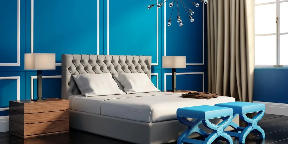 contemporary elegant luxury blue bedroom with large windows