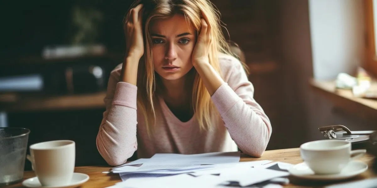 woman doing paperwork the concept of being stuck at work or preparing for an exam background with selective focus ai generated, human enhanced