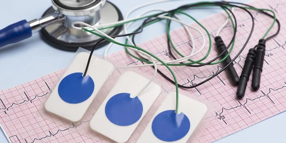 electrocardiogram leads and electrocardiograph and stethoscope on blue table