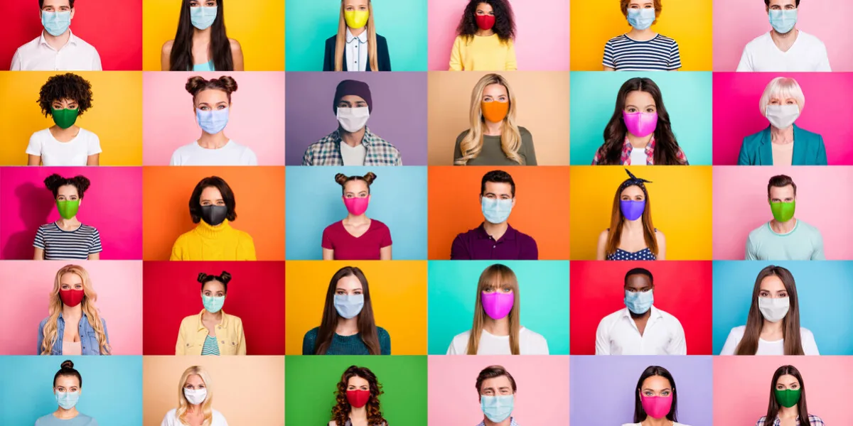 photo multiple montage image of student kid afro human people of different age and ethnicity wearing, surgical disposable and fabric breathing masks isolated over bright colorful background