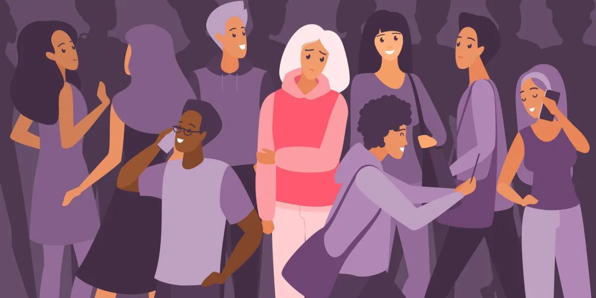 loneliness of sad depressed woman in crowd of people vector illustration cartoon unhappy tired lonely girl feeling anxiety, mental burnout and apathy due to indifference of characters with phones