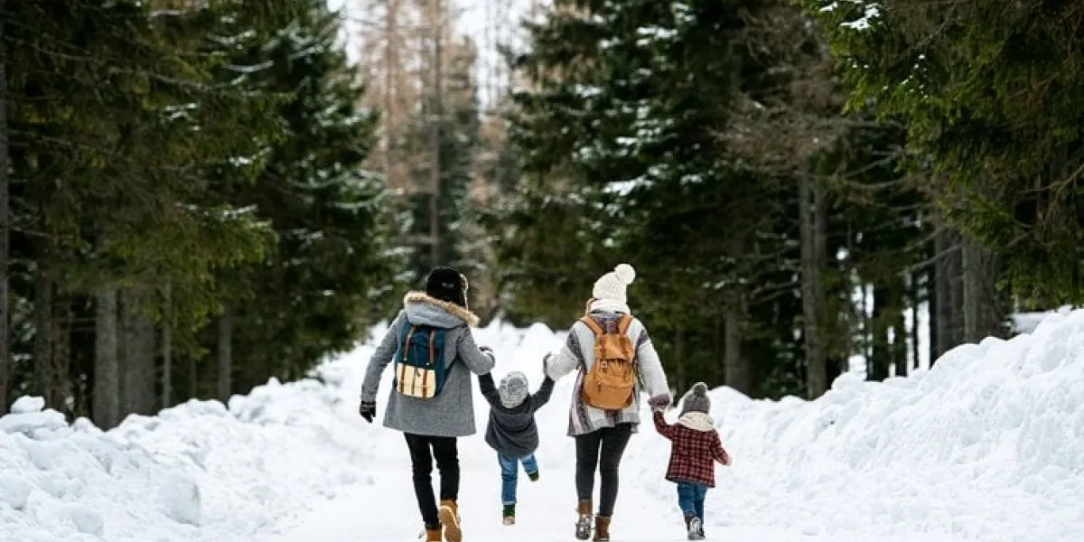 rear view of family with two small children holding hands in winter nature, walking in the snow