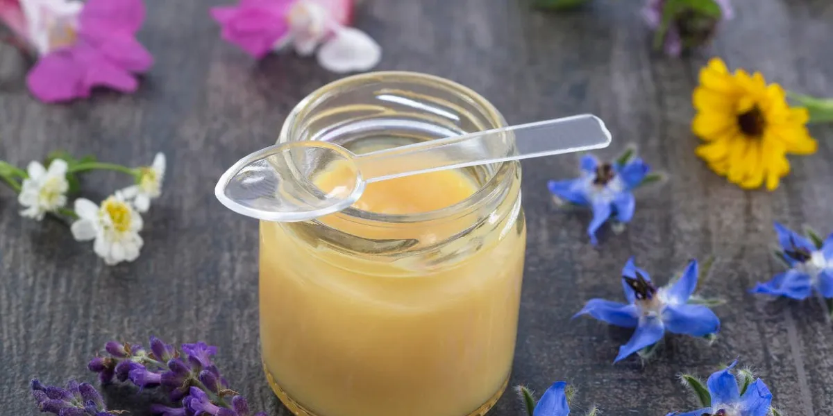 gelée royale organique brute dans une petite bouteille sur ardoise