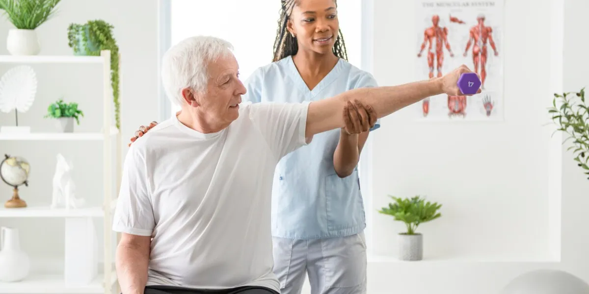 a black physiotherapist helping senior man with in clinic elderly man undergoing physiotherapy treatment for injury