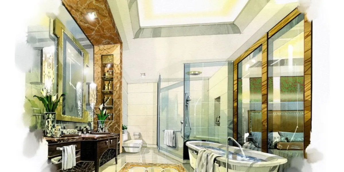 sketch interior bath room into a watercolor on paper