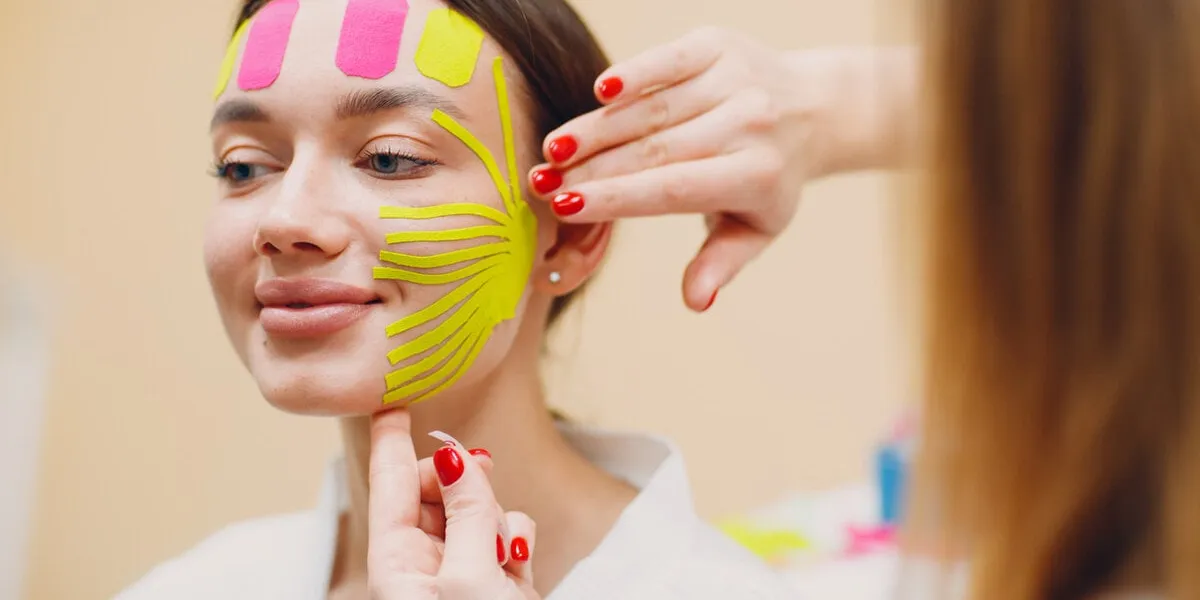 beautiful woman applying tape lifting treatment procedure on face