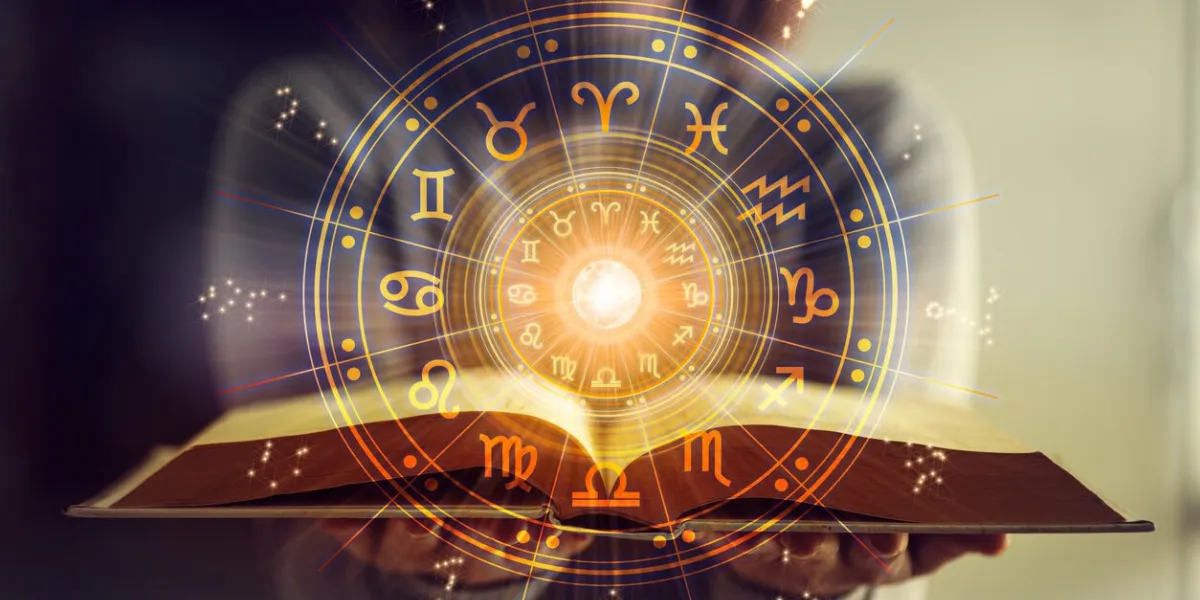woman holding a astrology book astrological wheel projection, choose a zodiac sign astrology esoteric concept