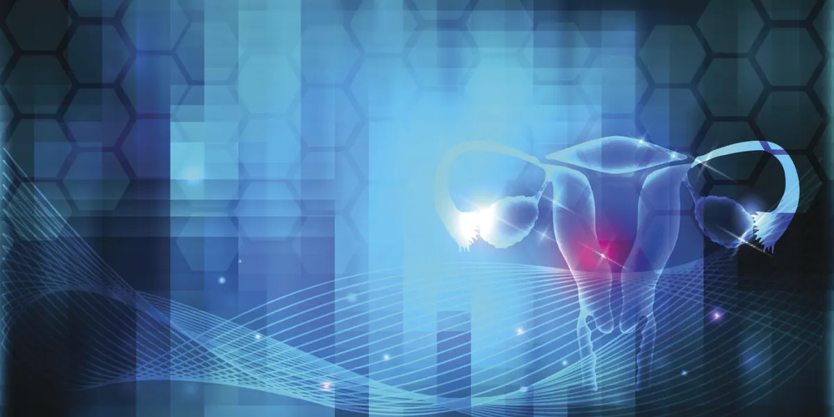 conception de soins de santé féminine utérus et les ovaires sur un fond bleu abstrait