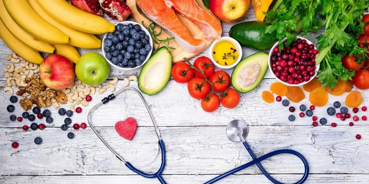 selection of healthy food for heart healthy food, diet and healthy lifestyle concept top view