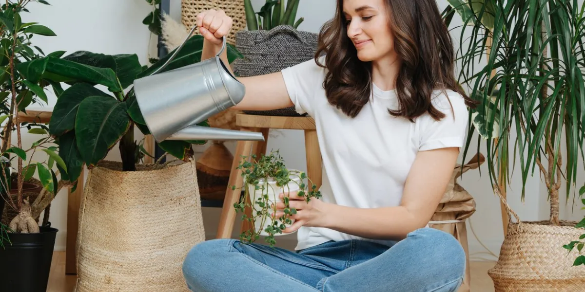 young happy brunette woman pouring water from watering can on potted plants in her home greenhouse, her little private garden she's sitting cross-legged on a floor