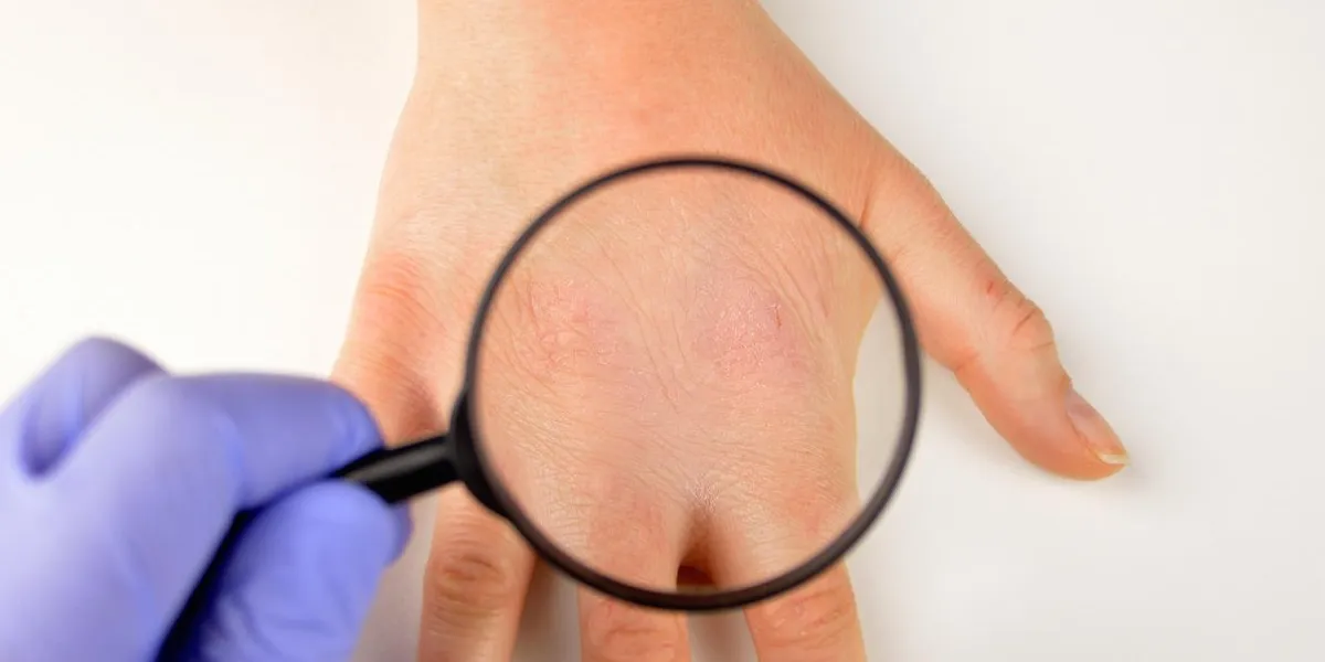 closeup image of doctor checking with magnifying glasses the hand with very dry skin and deep cracks