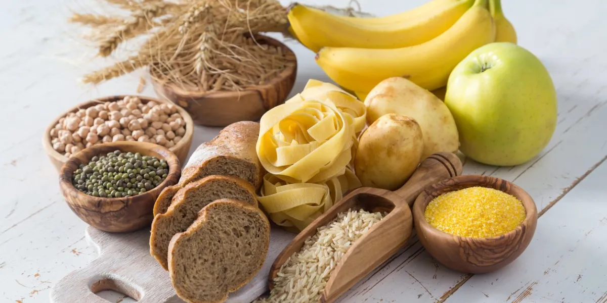 selection of comptex carbohydrates sources on white background, copy space