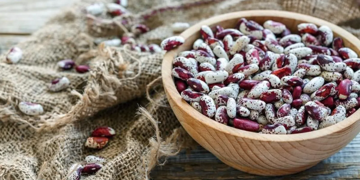 haricots mouchetés dans un bol en bois sur la vieille table rustique