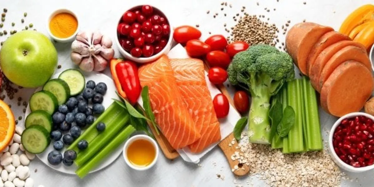 anti aging foods on light background food for healthy heart, brain and good memory high in antioxidants, minerals and vitamins top view, flat lay, panorama