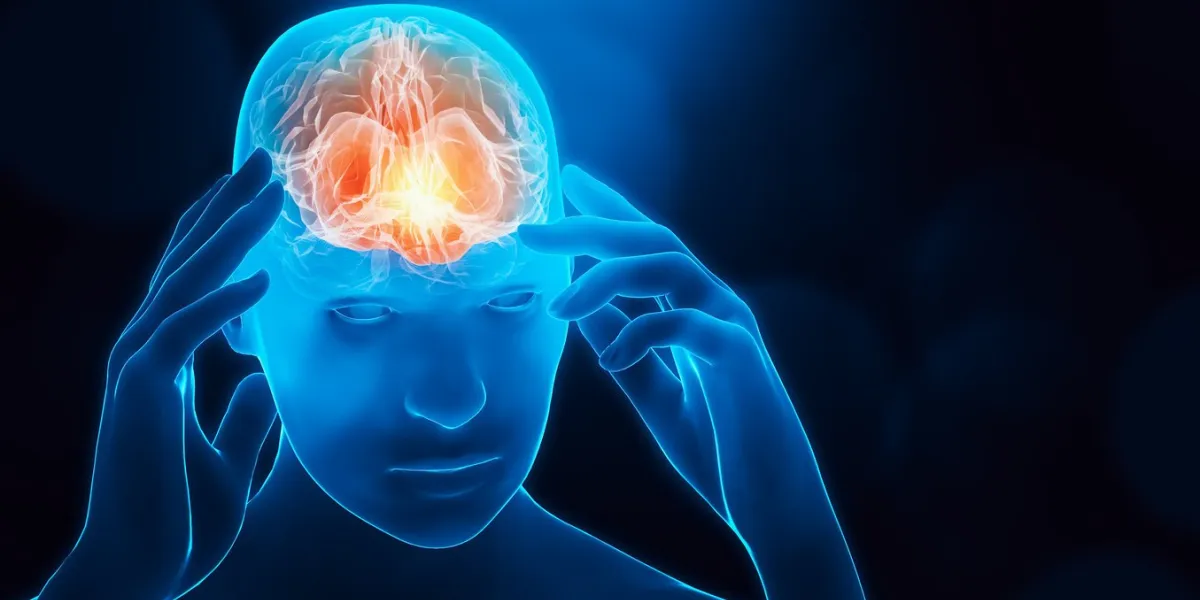 male portrait with hands touching his temples brain activity, injury, pain, headache, illness or sickness, meditation, thinking, healing, relaxation conceptual 3d rendering illustration with copy space